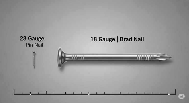 An illustration comparing the size difference between a 23-gauge pin nail and an 18-gauge brad nail.