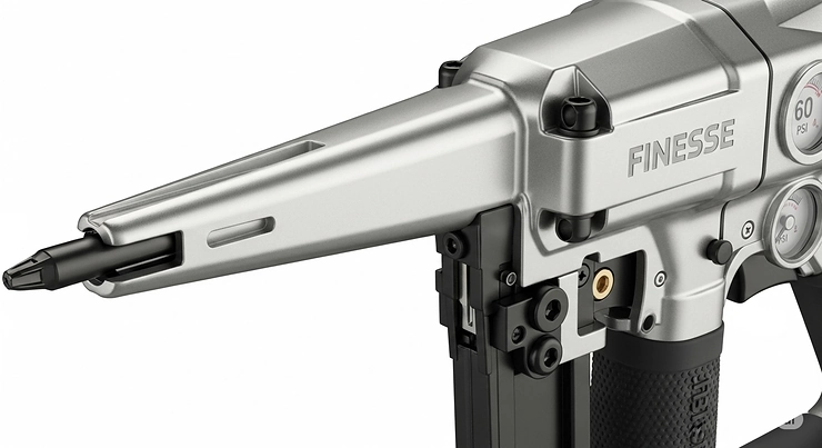 A detailed close-up shot of a pin nailer, showing its slender nose and mechanism designed for delicate trim work.