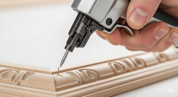 A hand holding a pin nailer, showing it being used on a piece of delicate wood trim or molding, emphasizing its precision.