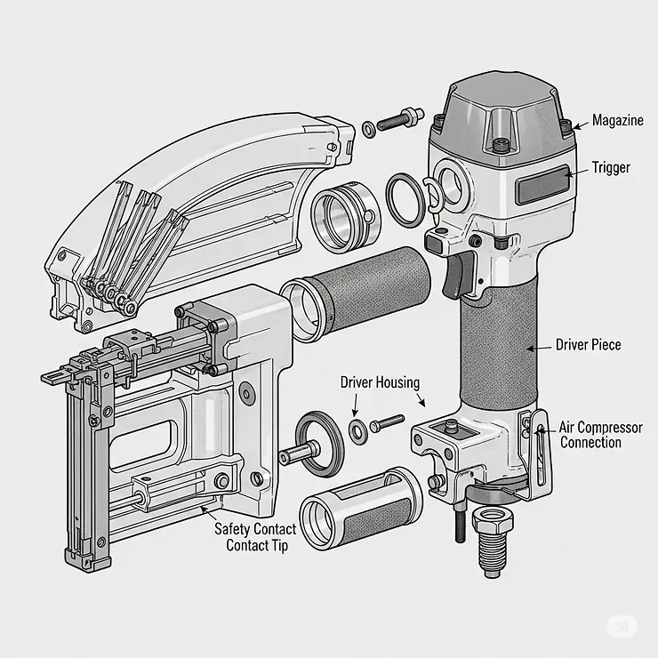 An exploded diagram showing the key parts of a pneumatic fencing nailer, including the magazine, trigger, and air compressor connection.