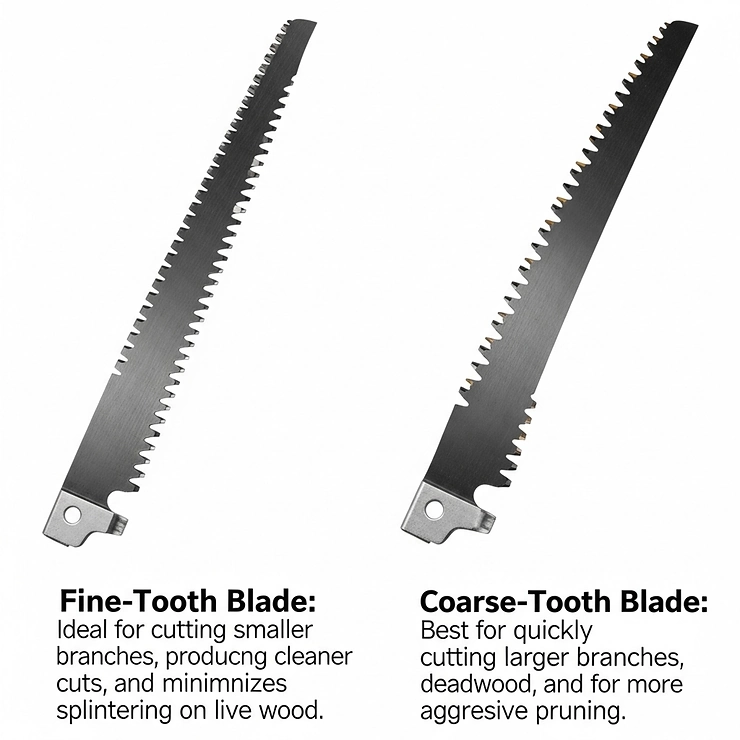 A side-by-side comparison illustrating the difference between fine-tooth and coarse-tooth pole saw blades and their respective applications.