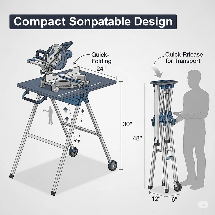 An illustration of a foldable, portable saw table stand, highlighting its compact design for easy transport and storage.