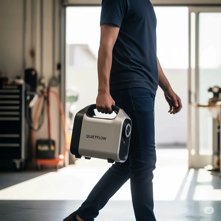 A person easily carrying a portable silent air compressor, emphasizing its lightweight and mobile nature.