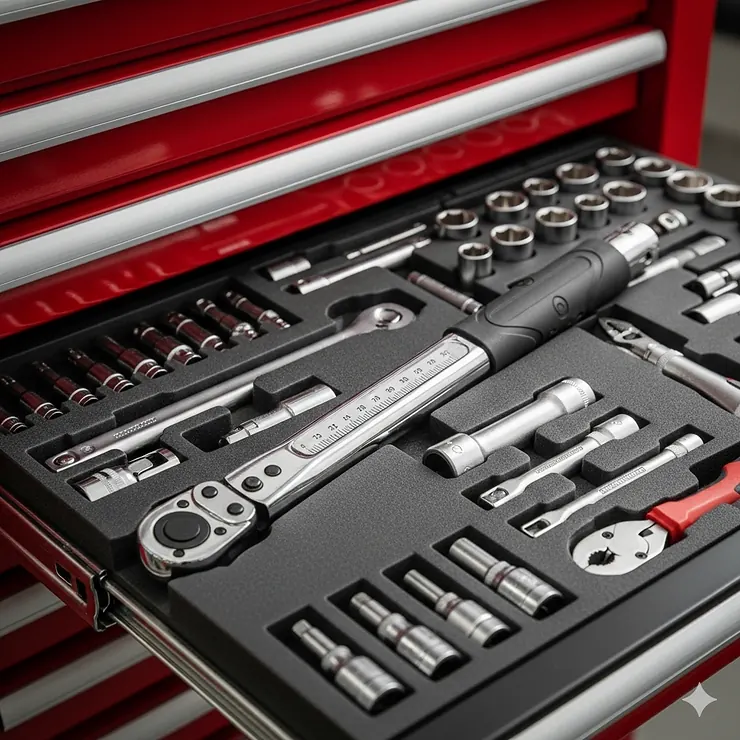 A new, shiny torque wrench resting in a professional mechanic's organized toolbox, symbolizing quality and reliability for a professional setting.