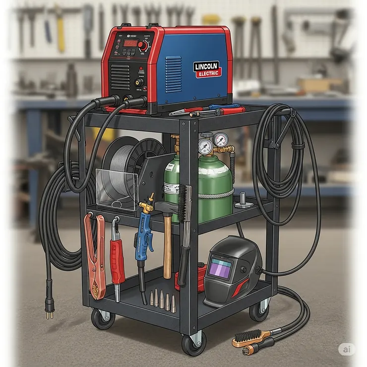 A detailed illustration of a professional-grade MIG welding setup, including the machine, a welding cart, and various accessories like clamps and torches.
