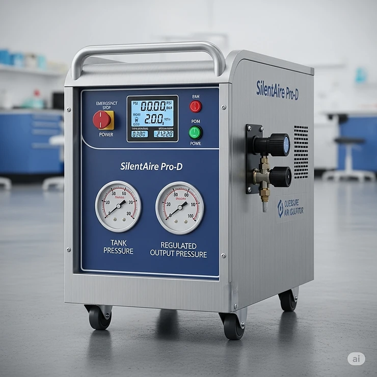 An illustration of a professional-grade silent air compressor used in a dental clinic or a laboratory.