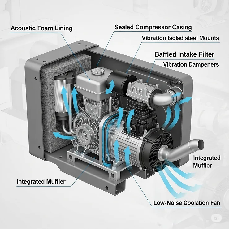An illustration of a quiet air compressor's engine, detailing the sound-dampening components that make it silent.