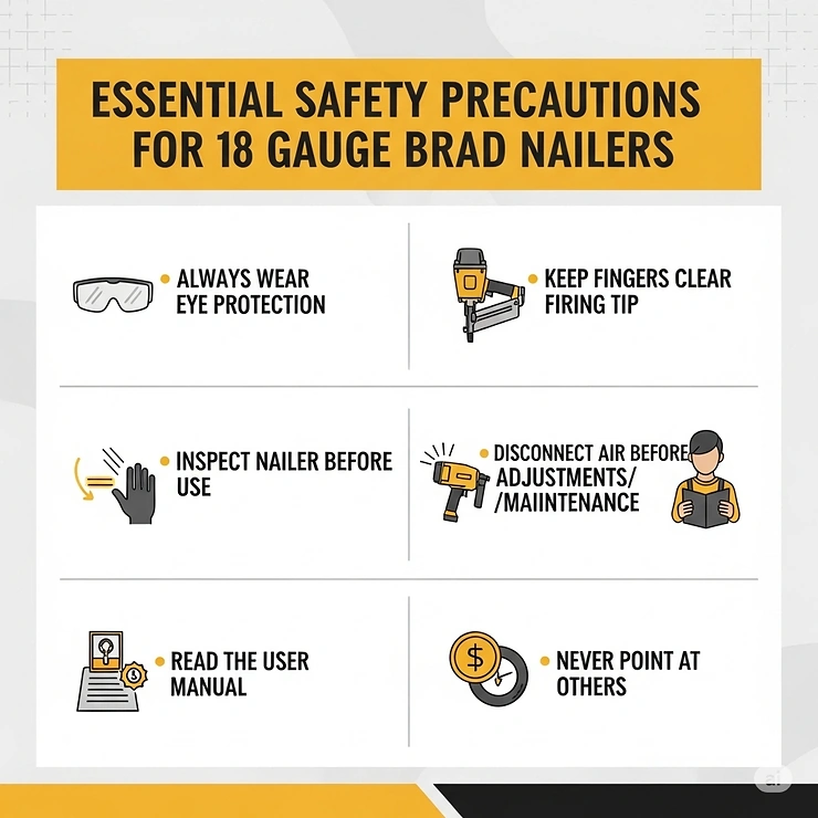 An infographic outlining essential safety precautions when operating an 18 gauge brad nailer, like wearing safety glasses and keeping fingers away from the firing tip.