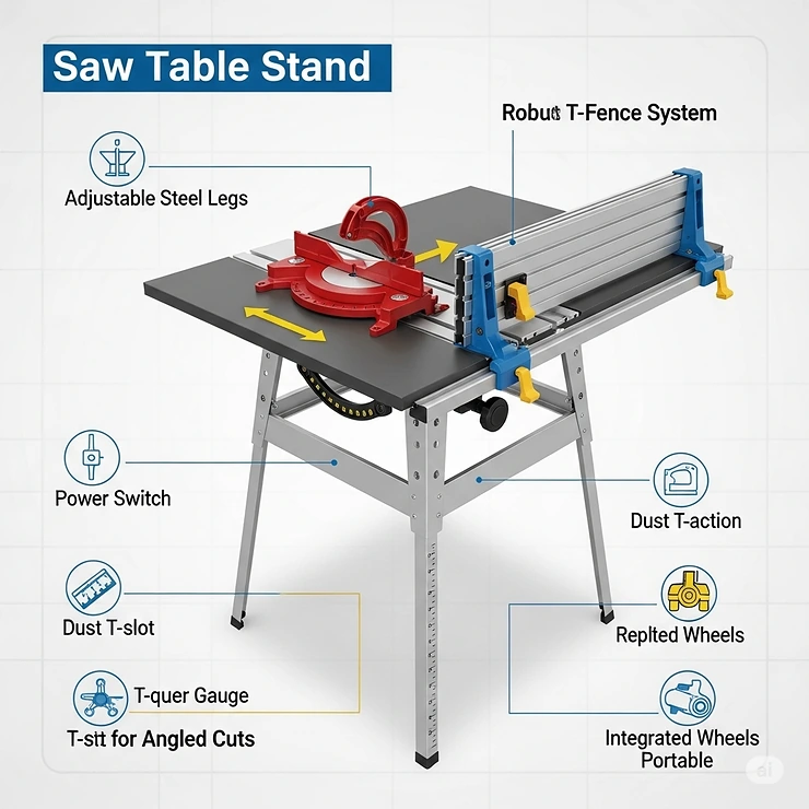 An infographic-style image showcasing the essential features of a saw table stand, such as adjustable legs, a robust fence system, and a miter gauge.