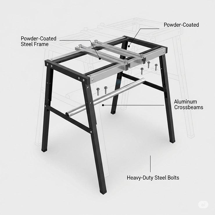 A graphic detailing the high-quality materials used in the construction of a durable saw table stand, such as powder-coated steel and aluminum.