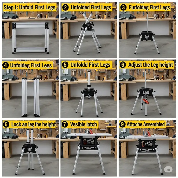 A step-by-step visual guide demonstrating how to quickly and safely set up a saw table stand, from unfolding to locking the legs in place.