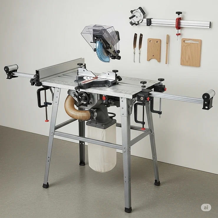 An image showing a versatile saw table stand with various compatible accessories like outfeed supports, dust collection ports, and blade guards.