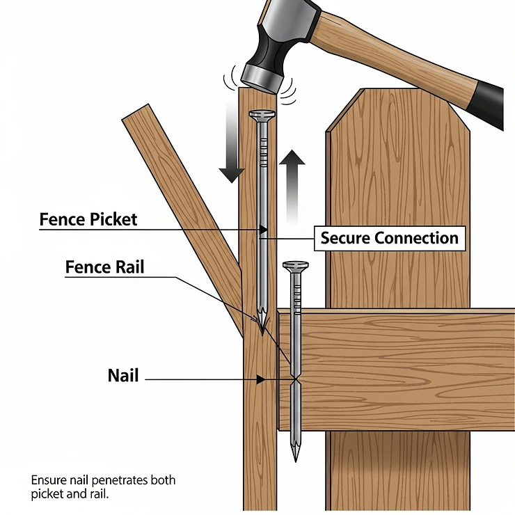 A diagram showing the proper technique for nailing a fence picket, ensuring the nail penetrates both the picket and the fence rail for a secure connection.