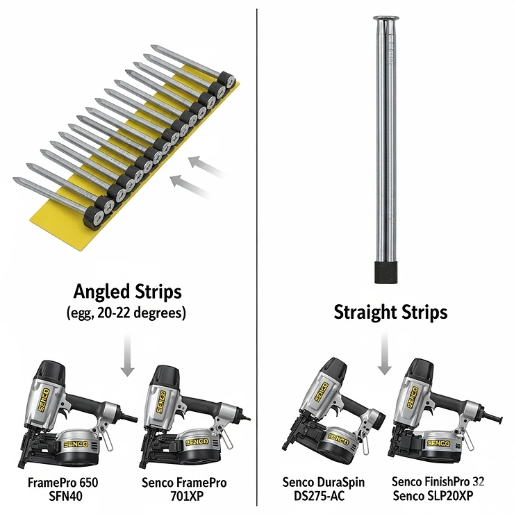 An illustration differentiating between angled and straight-collated nails, both of which are used in specific models of Senco finishing nail guns for different accessibility needs.