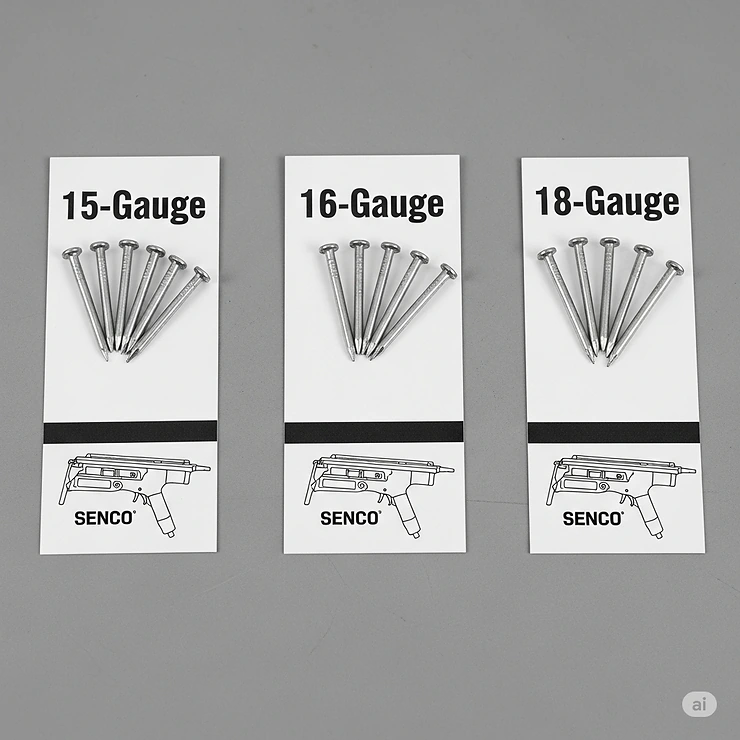 A visual guide comparing different gauge sizes of nails, such as 15-gauge and 18-gauge, that are compatible with various Senco finishing nail guns.
