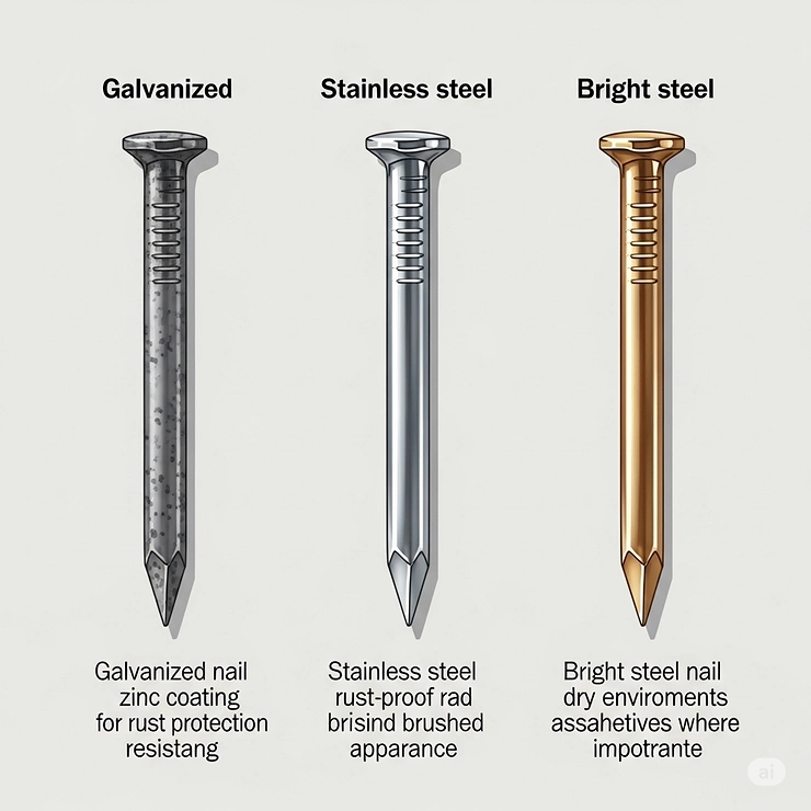 An illustration of different nail materials—galvanized, stainless steel, and bright steel—which are available for Senco finishing nail guns and offer different levels of corrosion resistance.