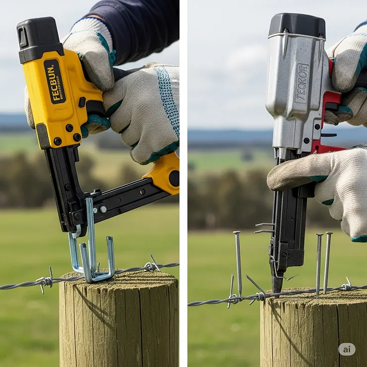 A comparison image illustrating the difference between using a fencing stapler versus a fencing nailer for livestock fencing.