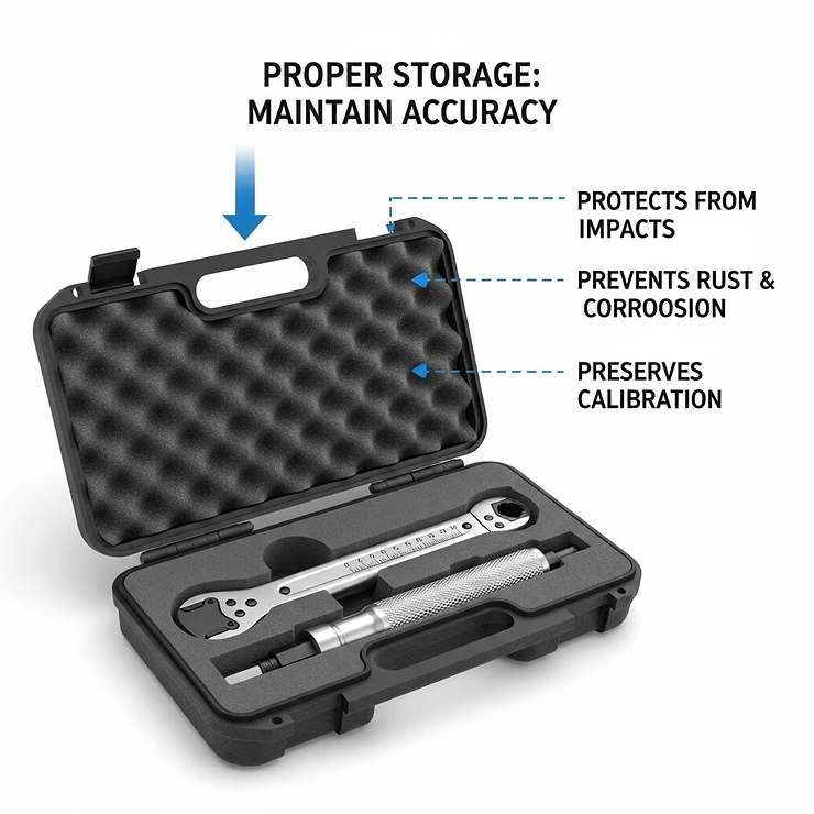 An illustration showing how to properly store a bike torque wrench in a protective case, an important tip to maintain its accuracy and calibration over time.