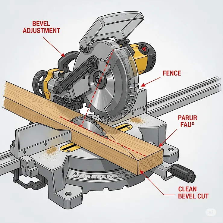 An illustration showing the process of making a clean bevel cut with a table chop saw.