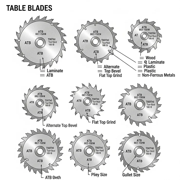 An illustration of various table chop saw blade types, highlighting their different teeth configurations for specific materials.