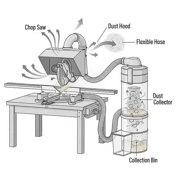 An illustration depicting how an efficient dust collection system works with a table chop saw to keep the workspace clean.