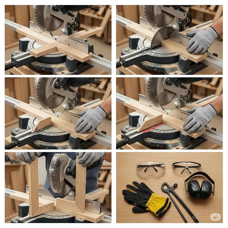 A visual guide demonstrating how to achieve accurate miter cuts using a table chop saw for framing and joinery.