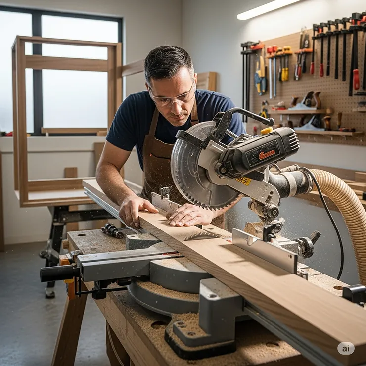 A man using a table chop saw to precisely cut a piece of wood for a woodworking project.