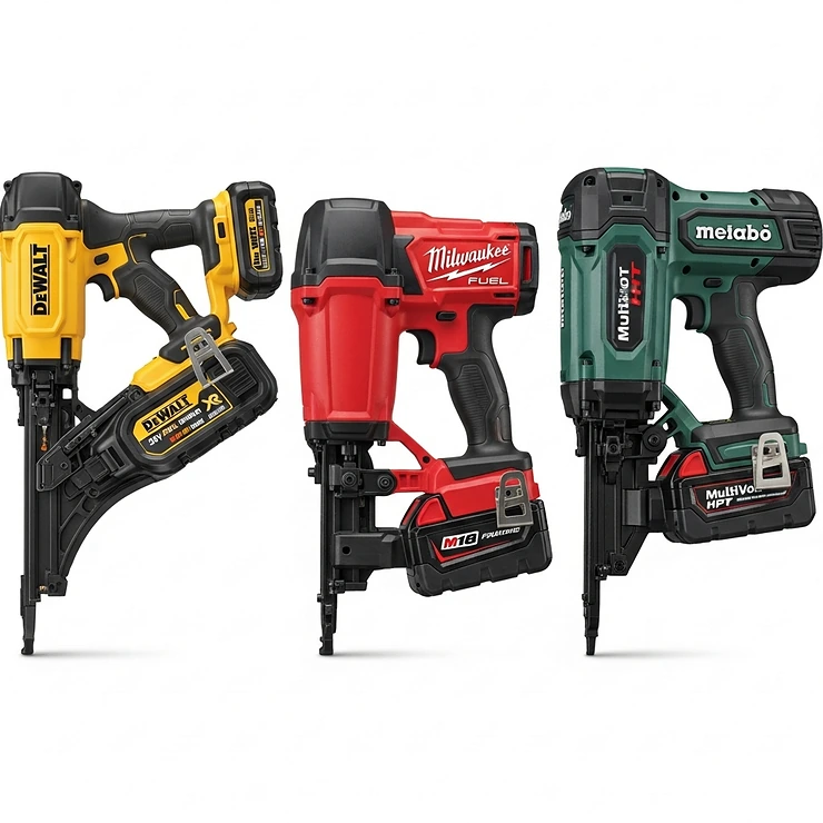 A side-by-side comparison of three of the top-rated cordless framing nailers, showcasing their features and designs.