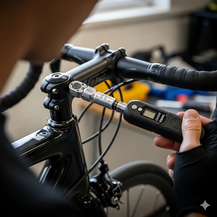 An individual using a smaller torque wrench to tighten bolts on a bicycle, illustrating the tool's versatility for a wide range of applications beyond automotive.