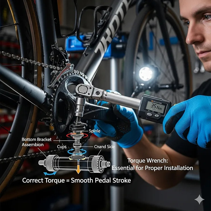 A visual guide of a bike mechanic using a torque wrench on a bicycle's bottom bracket, emphasizing the importance of applying the correct torque to ensure proper installation and a smooth pedal stroke.