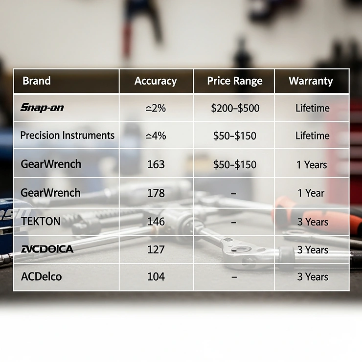 A detailed comparison table of the best torque wrench brands, highlighting key features like accuracy, price, and warranty.
