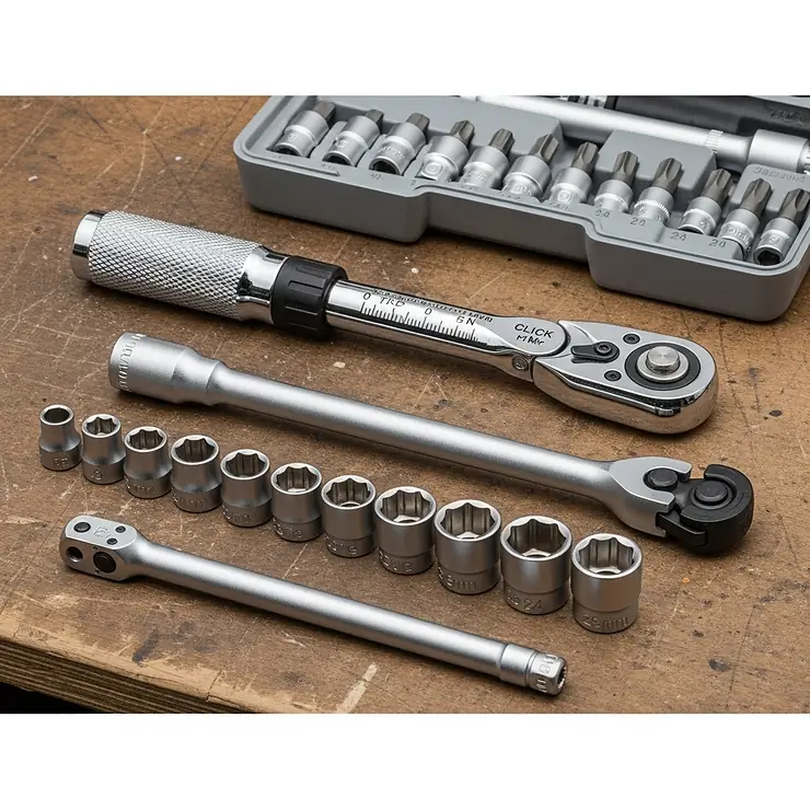 A complete torque wrench kit with various sockets and an extension bar, providing everything a DIY mechanic needs for safely tightening lug nuts.