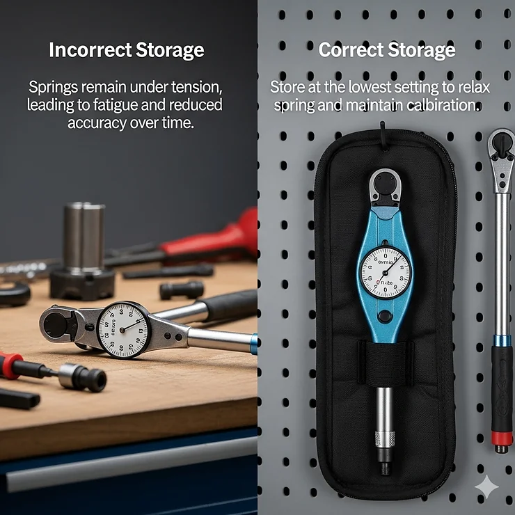 A visual guide demonstrating the correct way to store a torque wrench to maintain its long-term accuracy and functionality.