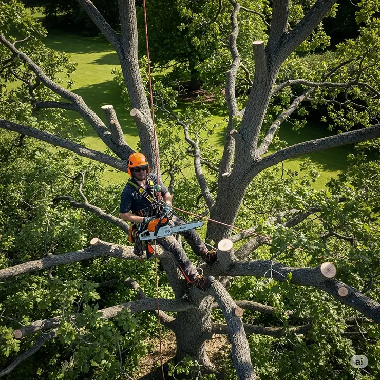An aerial view of a skilled arborist using a climbing chainsaw to perform precise pruning, showcasing the final result of their work on the tree's canopy.