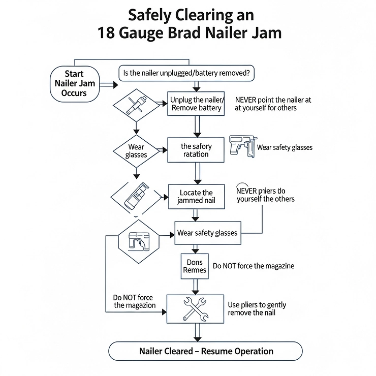 A flow chart or diagram illustrating how to safely clear a nail jam from an 18 gauge brad nailer, a common issue during use.