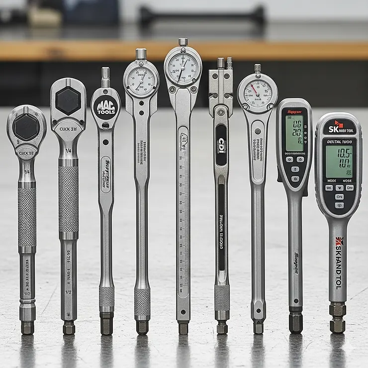 A lineup of various types of torque wrenches, including click-type, beam, and digital models, from different leading brands.