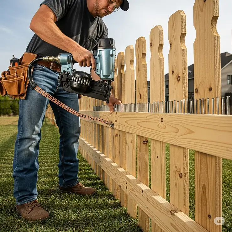 An image showing a contractor using a pneumatic nail gun to quickly and efficiently install fence pickets, demonstrating a common method for what size nails to use with the tool.