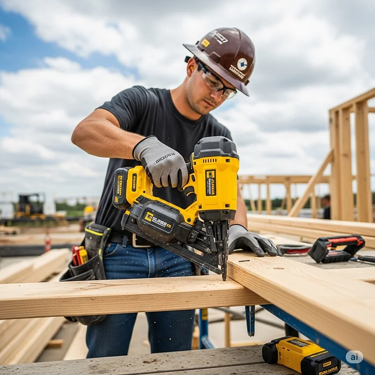 A construction worker using a powerful cordless framing nailer to secure lumber on a job site.