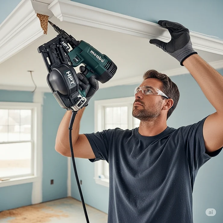 A professional carpenter using a Metabo HPT finish nailer to install crown molding.