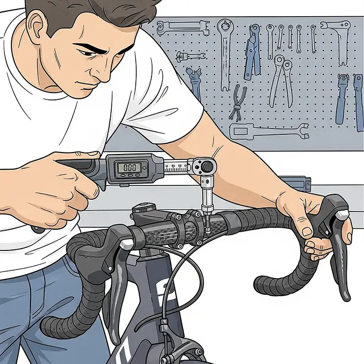 An illustration of a person using a torque wrench to correctly tighten the stem bolts on a bicycle's handlebars, preventing overtightening and potential damage to carbon fiber components.