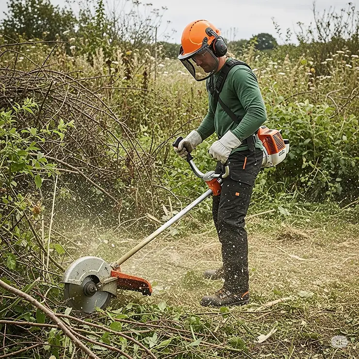 A user wearing safety gear while operating a weed eater with a saw blade, highlighting the importance of safety precautions.