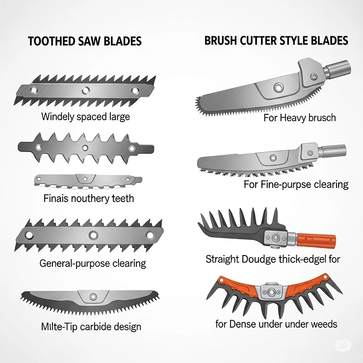 An illustration comparing different types of saw blades for weed eaters, including toothed and brush cutter styles.