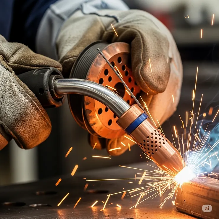 A welder's hand holding a MIG welding torch with a clear view of the nozzle and a gas diffuser, highlighting the equipment used with gas for MIG welding.