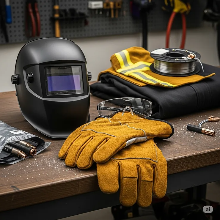 A collection of essential welding safety gear, including a helmet and gloves, that every beginner MIG welder needs.
