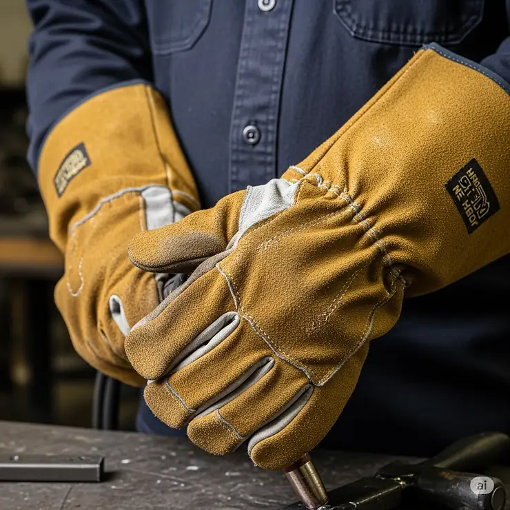 A pair of thick, heat-resistant leather welding gloves protecting the hands, a vital safety accessory for a new welder to prevent burns.