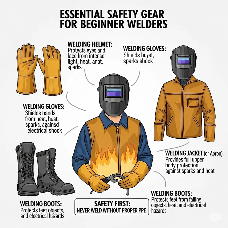 An infographic highlighting all the necessary safety gear for a beginner welder, including a helmet, gloves, jacket, and boots, emphasizing the importance of protection.