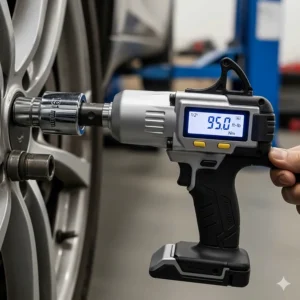 A digital torque wrench with a 1/2-inch drive and a socket attached, demonstrating its common use for automotive repairs.