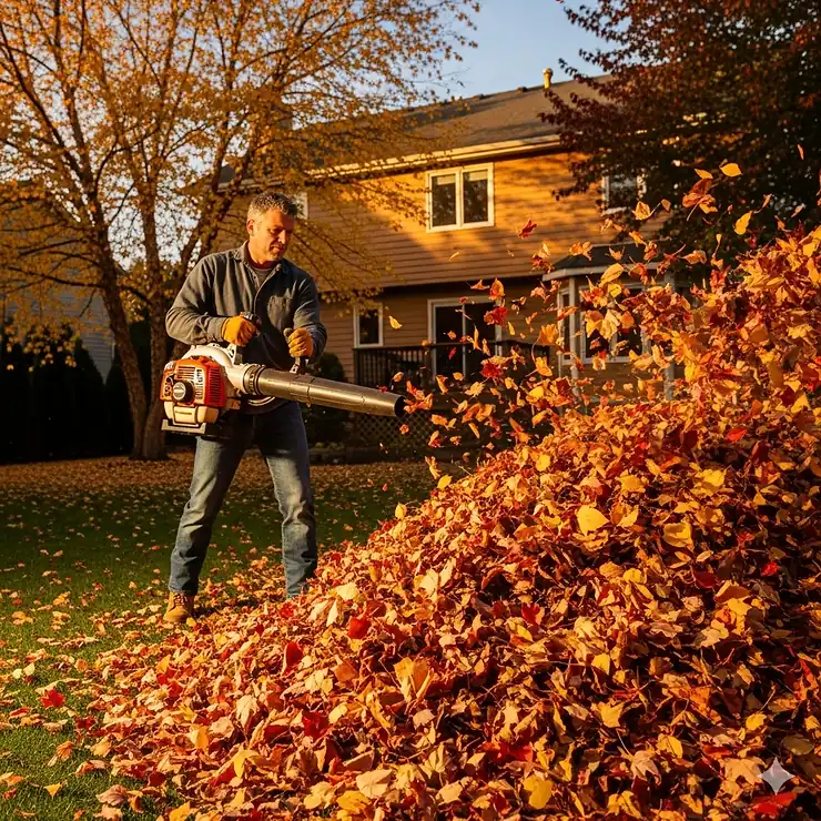A homeowner in a yard using a powerful 2-stroke leaf blower to clear a large pile of autumn leaves.