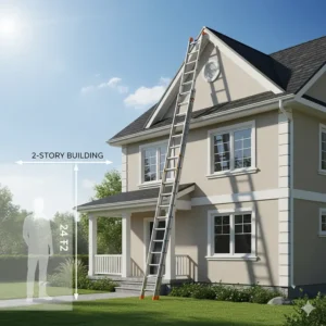 A clear diagram comparing the 24ft ladder's reach to a standard two-story building, highlighting its extended height capability.