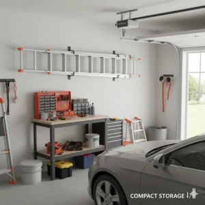 A concise illustration showing how a 24ft extension ladder can be compactly stored in a garage or shed, emphasizing its space-saving design.